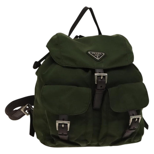 Prada Vela Double Front Pocket Backpack Tessuto with Saffiano Leather, KHAKI, NYLON, Backpack