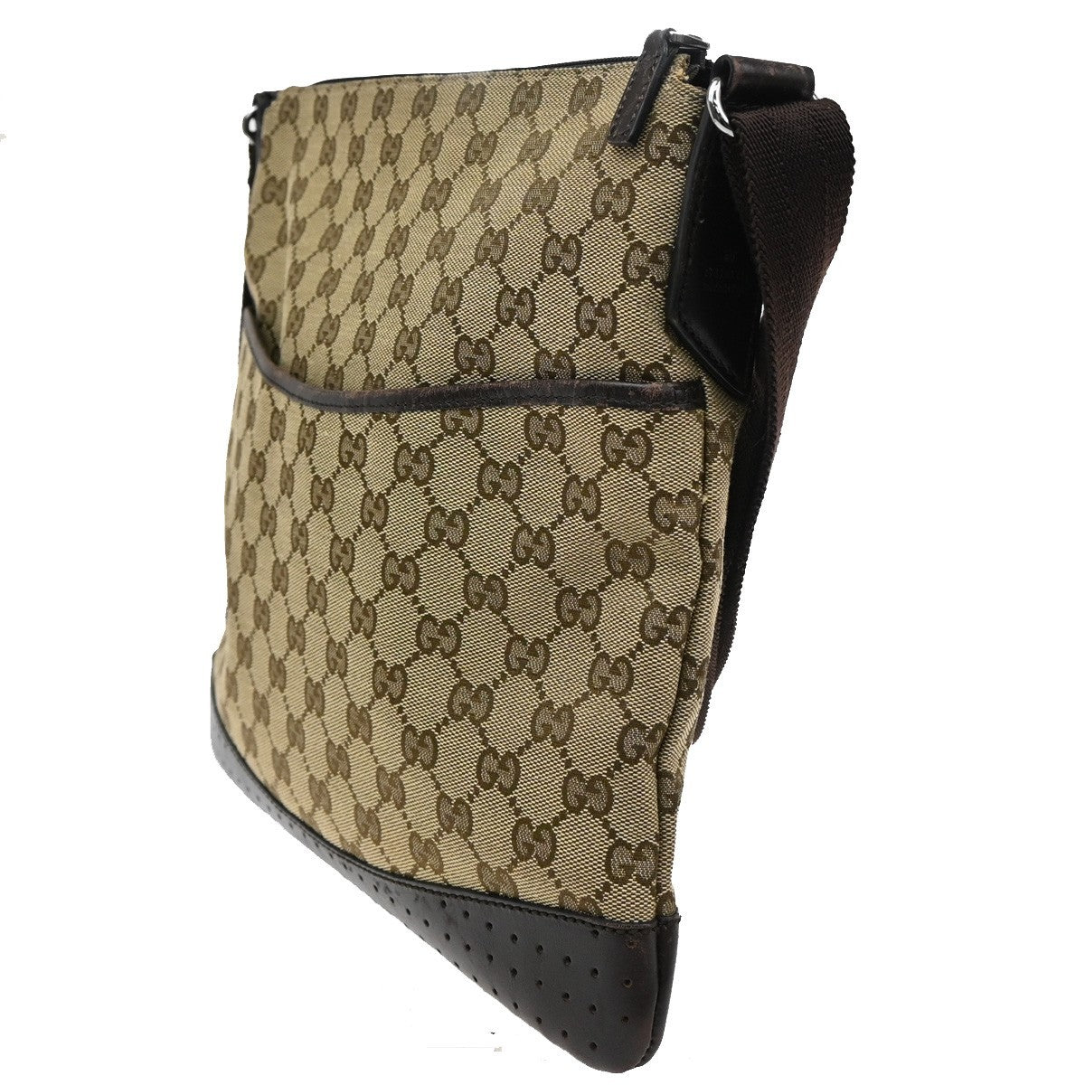 Gucci Zip Messenger Bag GG Canvas with Perforated Leather, BROWN, CANVAS, Shoulder bag