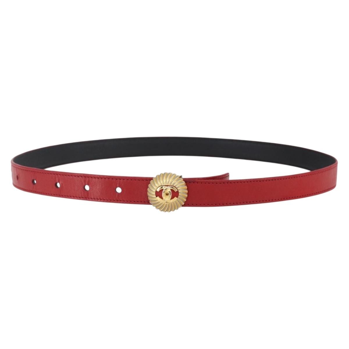 Chanel CC Round Button Belt Leather, RED, LEATHER, Belts