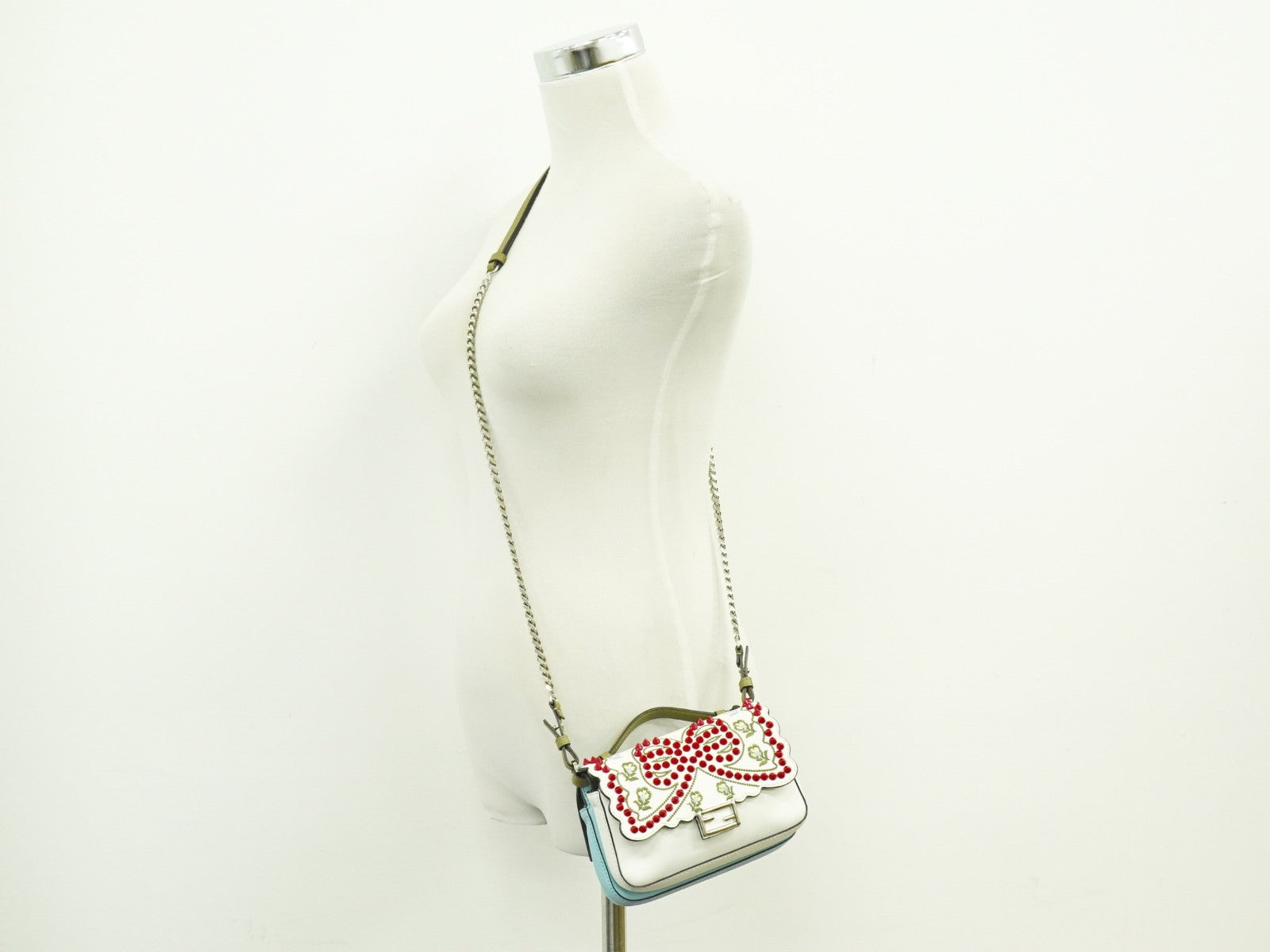 Fendi Double Baguette Embroidered Studded Leather, WHITE, LEATHER, Shoulder bag