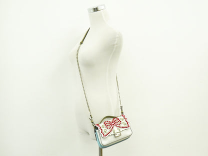 Fendi Double Baguette Embroidered Studded Leather, WHITE, LEATHER, Shoulder bag