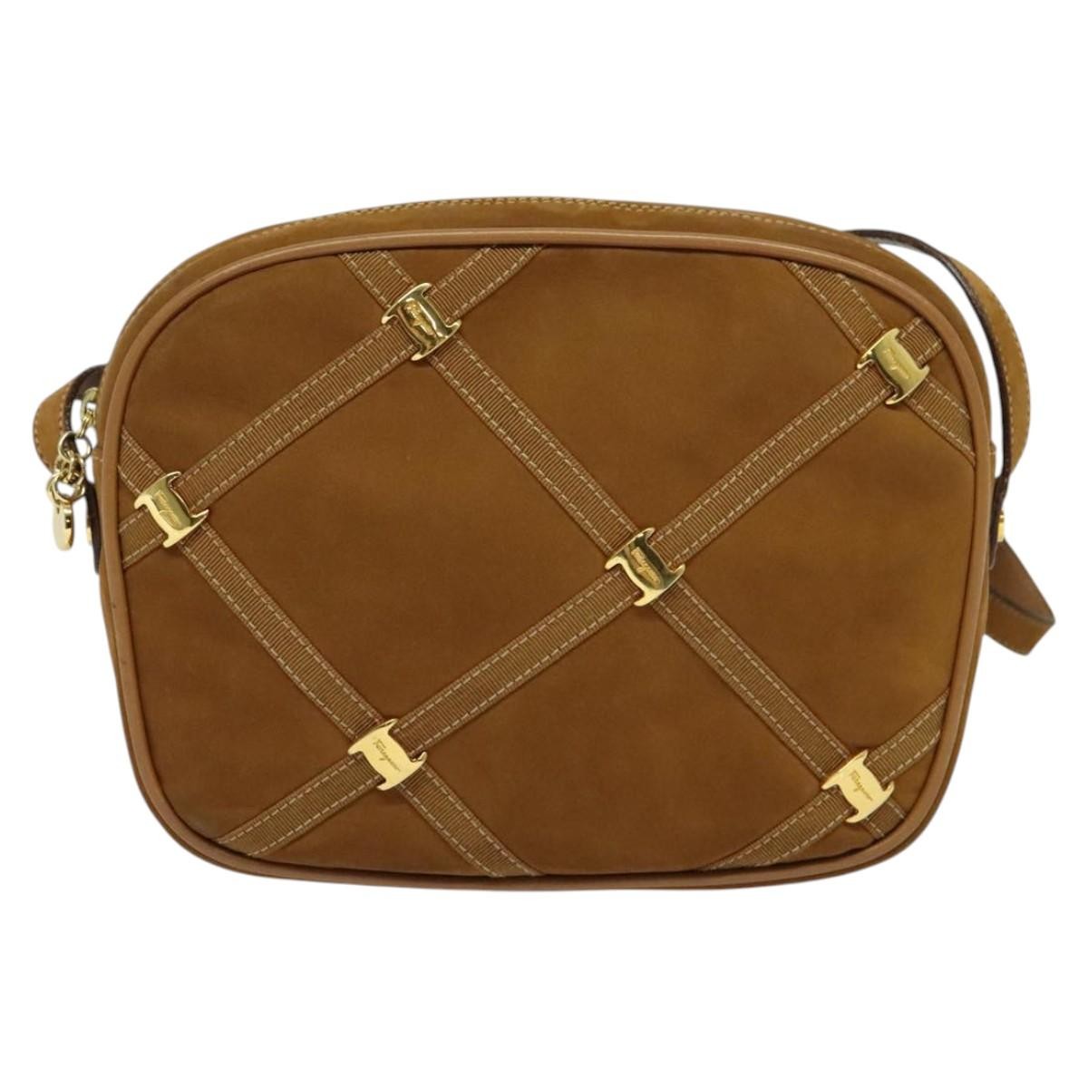 Salvatore Ferragamo Vala Shoulder Bag Suede, BROWN, SUEDE, Shoulder bag