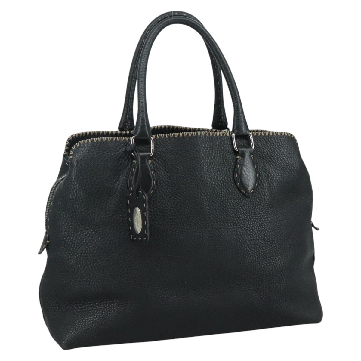 Fendi Selleria Handle Bag Embossed Leather, BLACK, LEATHER, Handbag