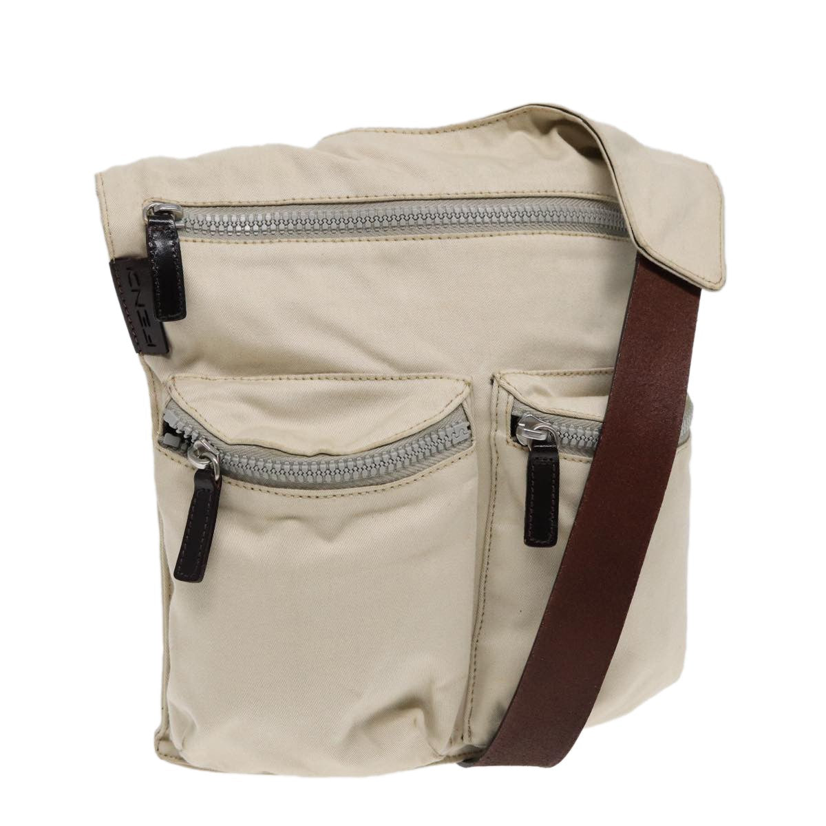Fendi Vintage Double Pocket Zip Shoulder Bag Canvas, BEIGE, CANVAS, Shoulder bag