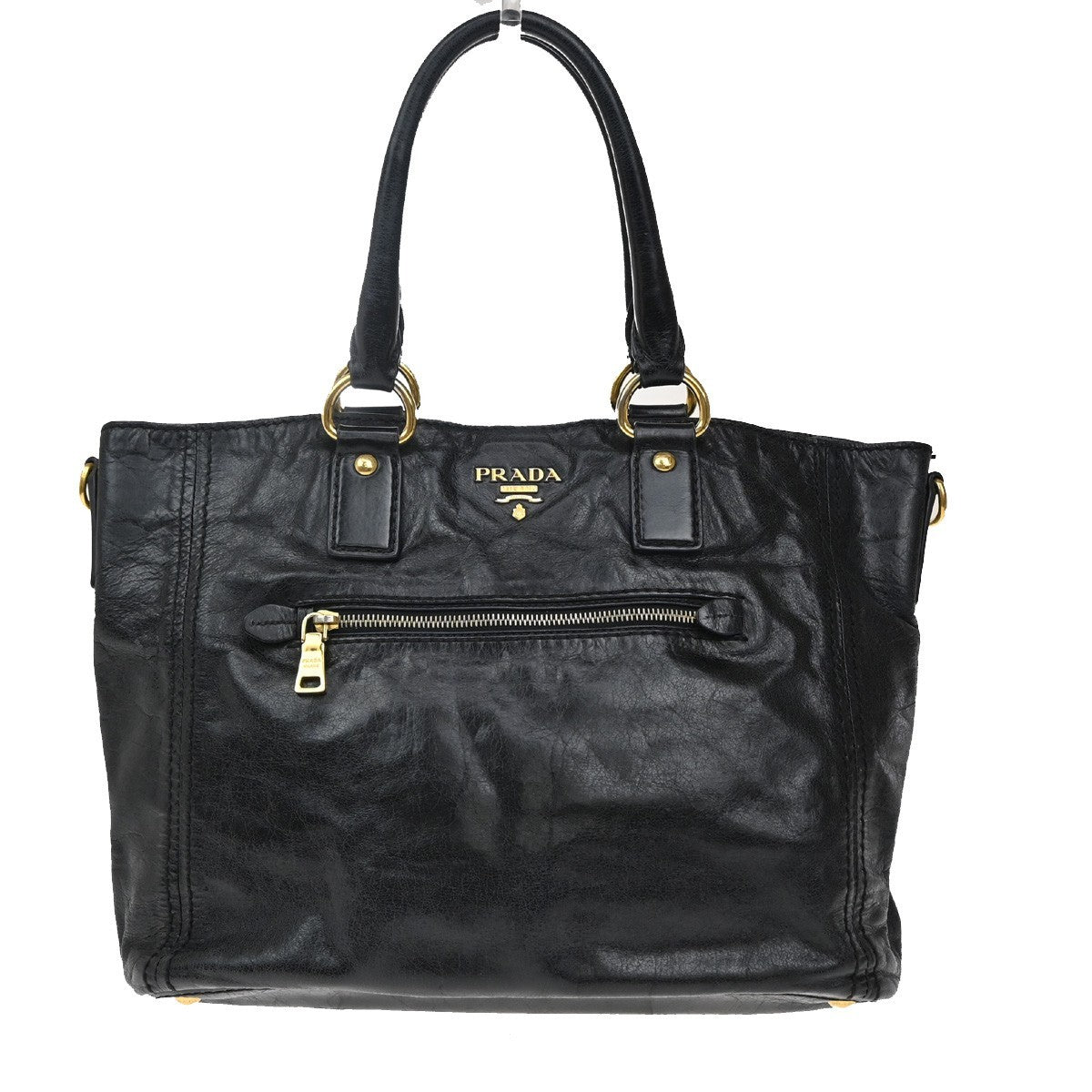 Prada Front Pocket Convertible Tote Leather, BLACK, LEATHER, Tote bag
