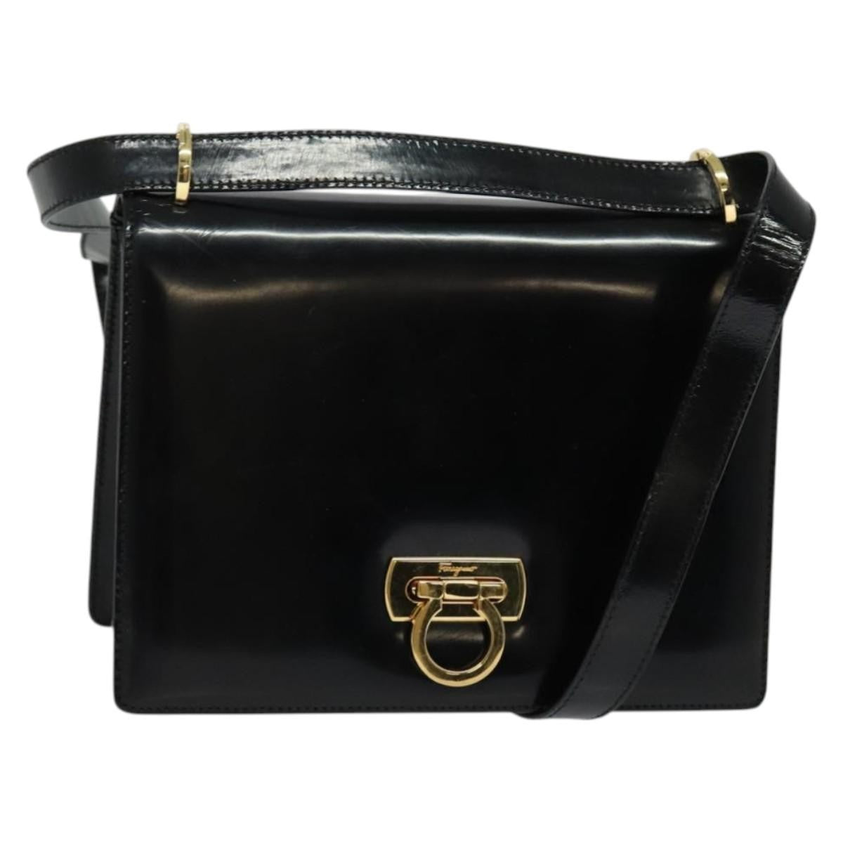 Salvatore Ferragamo Gancini Shoulder Bag Patent Leather, BLACK, PATENT_LEATHER, Shoulder bag