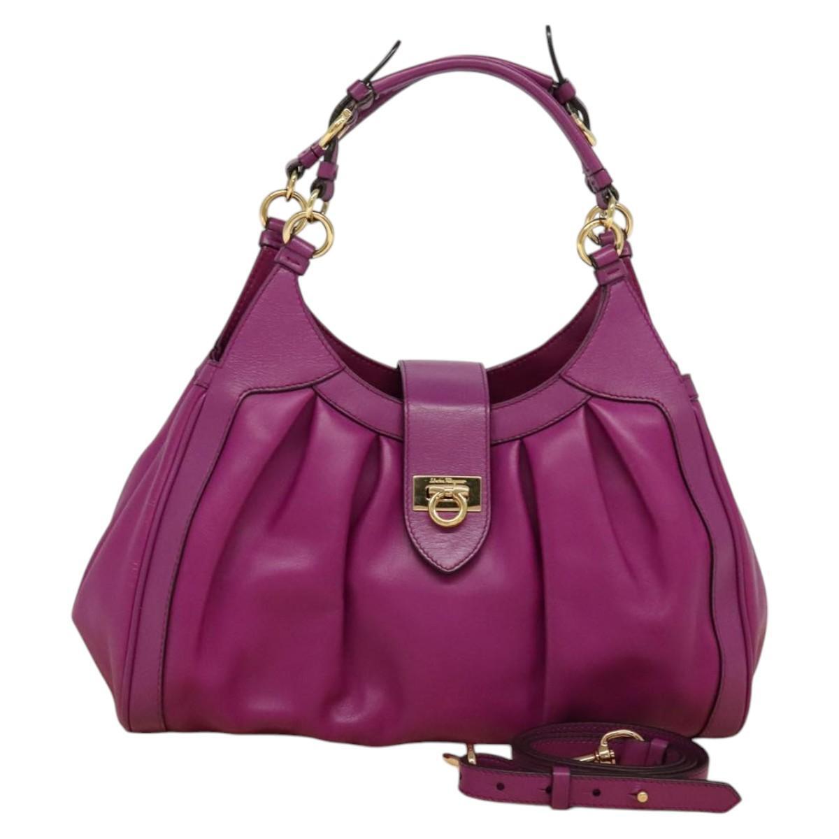Salvatore Ferragamo Gancini Shoulder Bag Leather, PURPLE, LEATHER, Shoulder bag