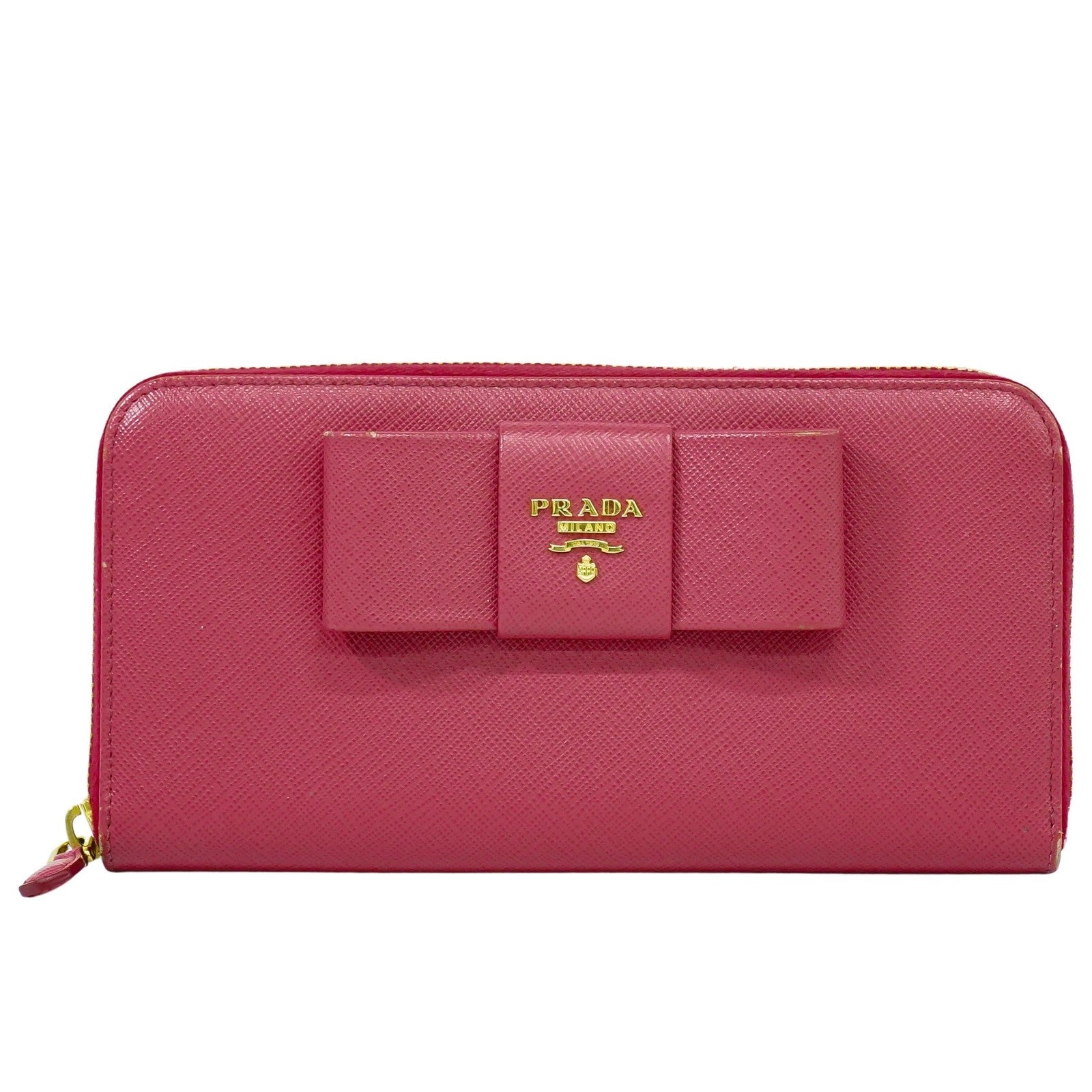 Prada Bow Zip Around Wallet Saffiano Leather, PINK, LEATHER, Wallets