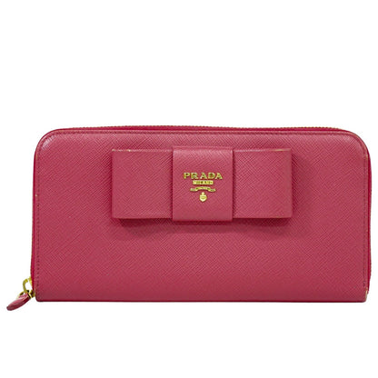 Prada Bow Zip Around Wallet Saffiano Leather, PINK, LEATHER, Wallets