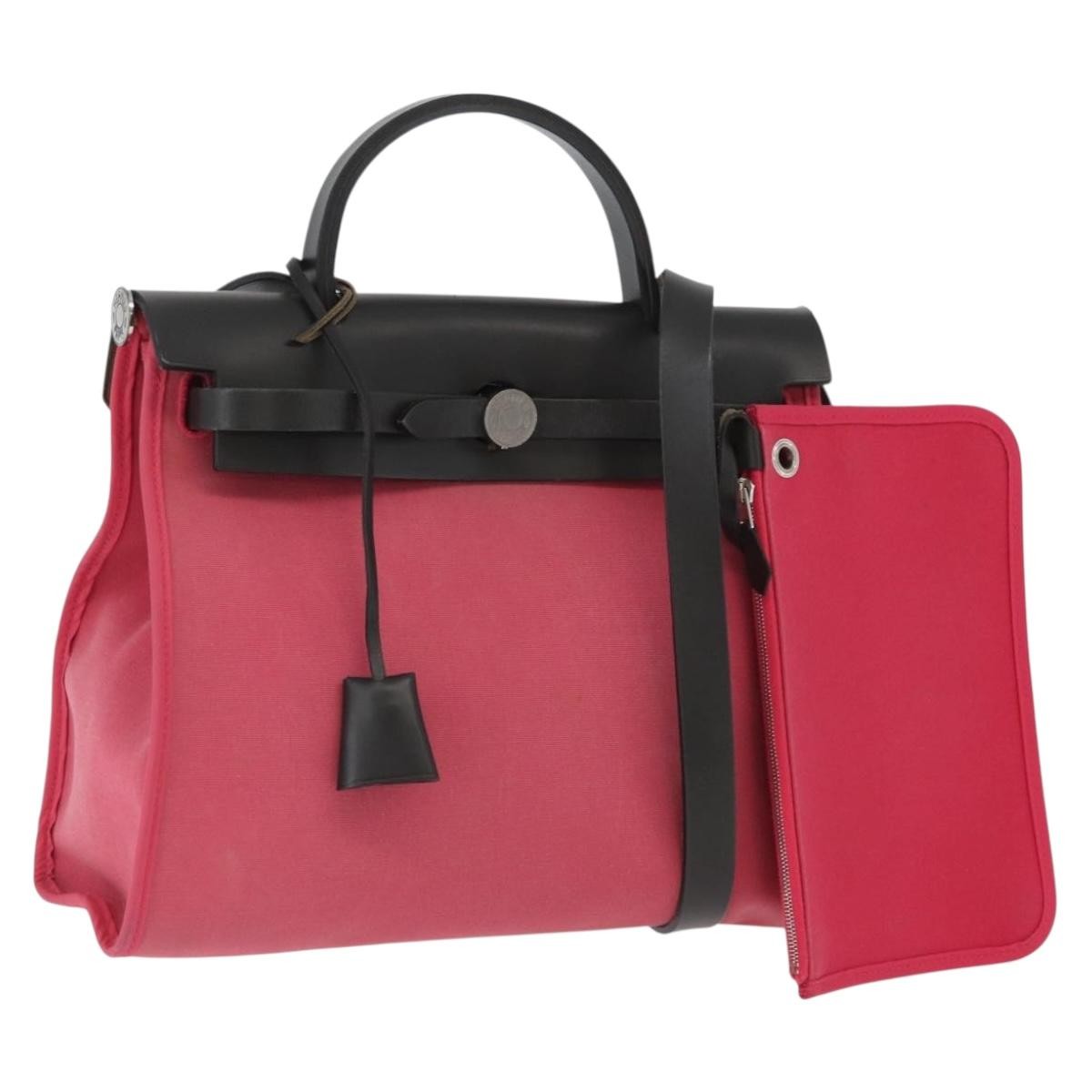 Hermes Herbag Zip Leather and Toile, PINK, CANVAS, Shoulder bag