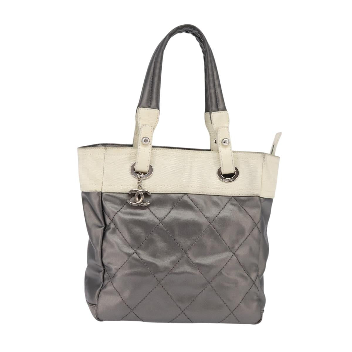 Chanel Biarritz Tote Quilted Coated Canvas, SILVER, CANVAS, Tote bag