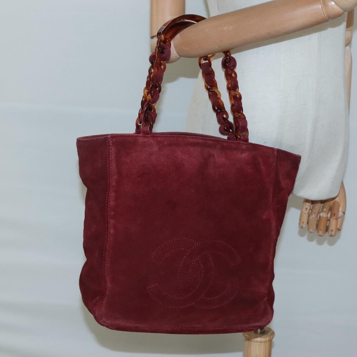 Chanel Vintage Resin Chain Tote Suede, RED, SUEDE, Tote bag
