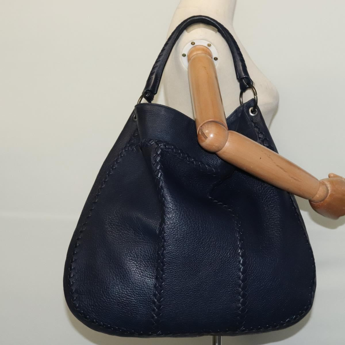 Bottega Veneta Open Hobo Cervo with Intrecciato Detail, NAVY, LEATHER, Shoulder bag