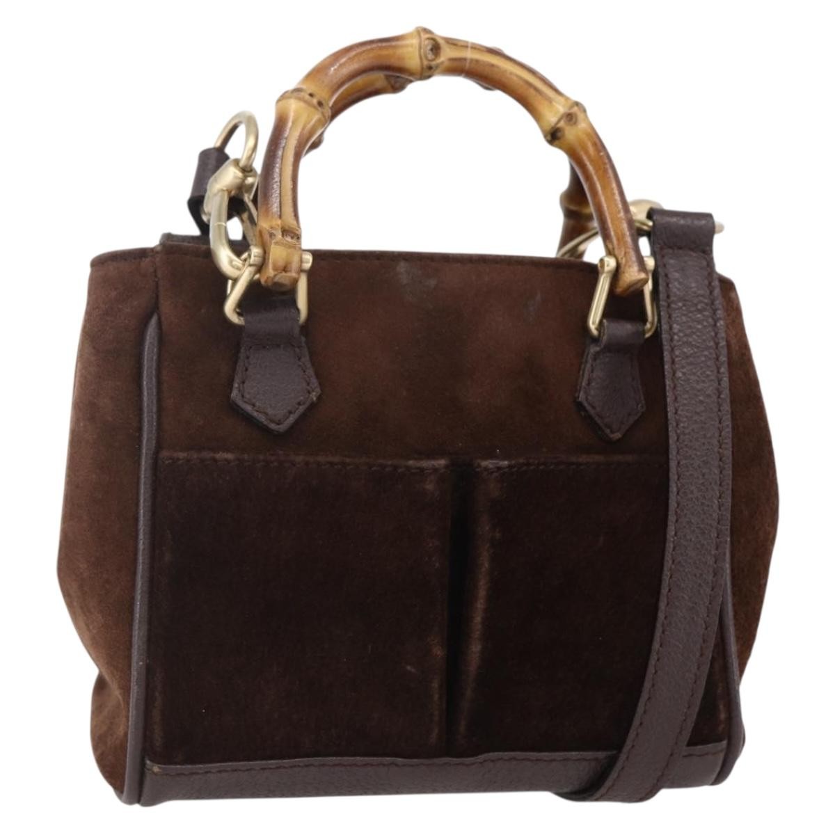 Gucci Vintage Bamboo Front Pocket Tote Suede, BROWN, SUEDE, Handbag