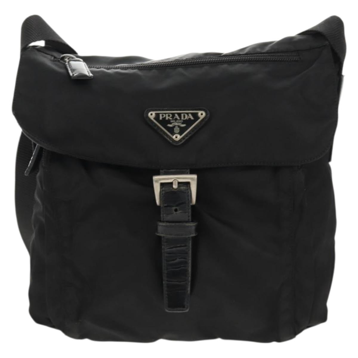 Prada Buckle Messenger Bag Tessuto, BLACK, NYLON, Shoulder bag
