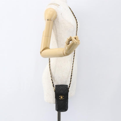 Chanel CC Flap Phone Holder Crossbody Bag Quilted Lambskin, BLACK, LEATHER, Shoulder bag