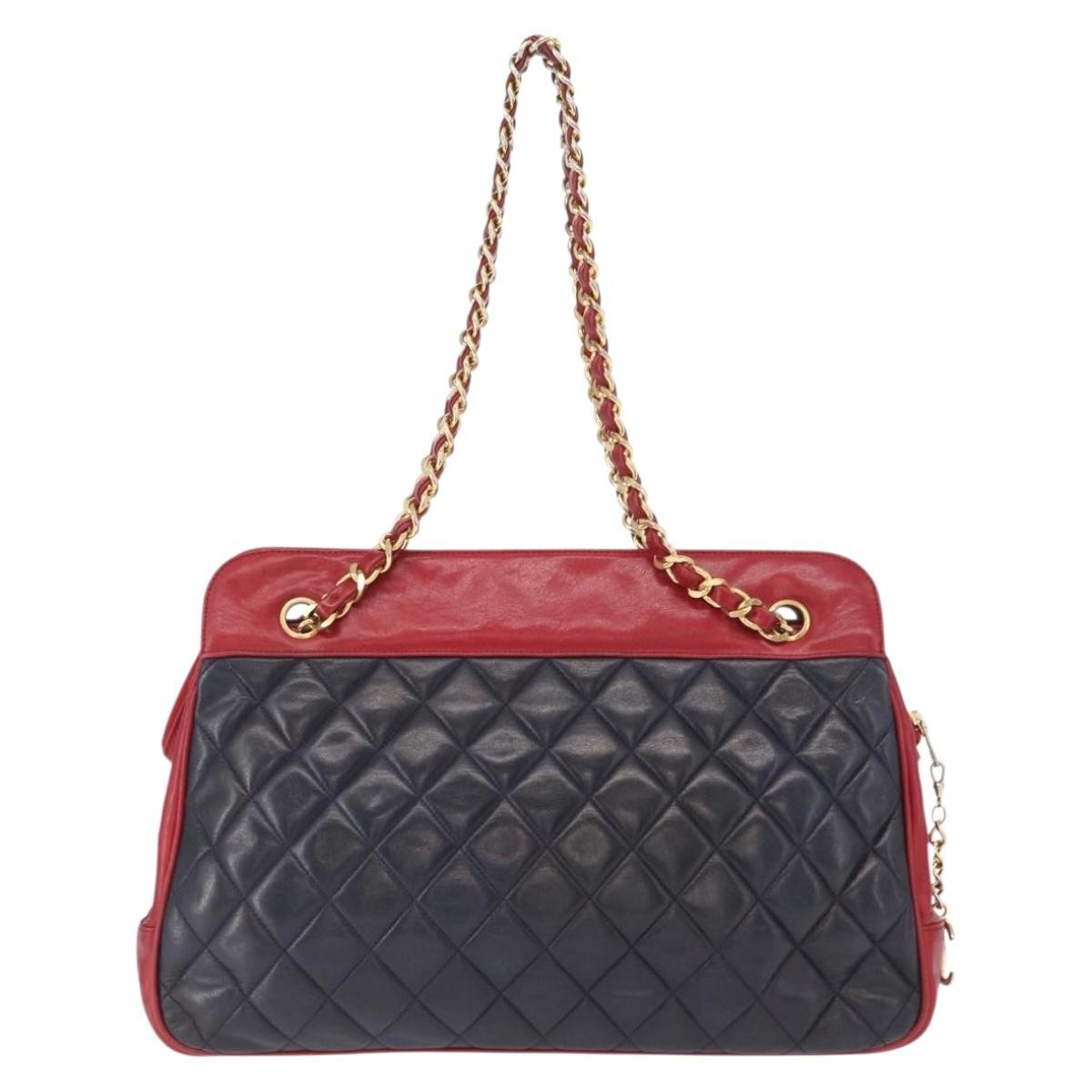Chanel Vintage Chain Tote Quilted Lambskin, NAVY, LEATHER, Shoulder bag