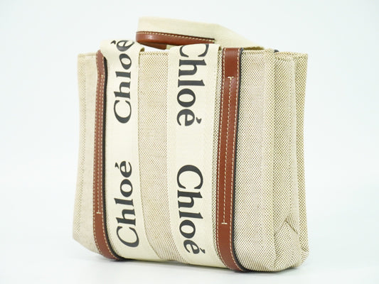Chloe Woody Convertible Tote Canvas with Leather, BEIGE, CANVAS, Tote bag