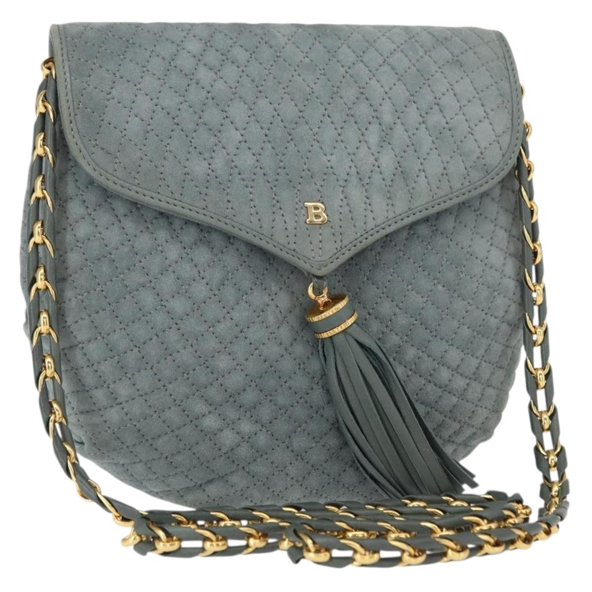 Bally Vintage Chain Shoulder Bag Quilted Suede, GRAY, SUEDE, Shoulder bag