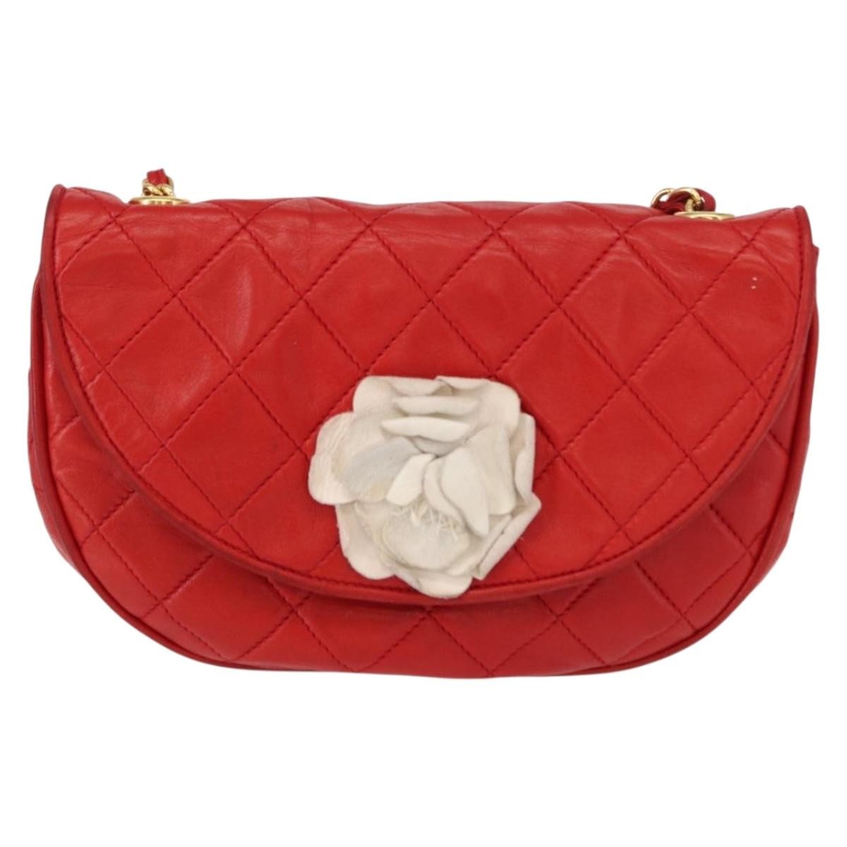 Chanel Camellia Rounded Clutch Satin and Leather, RED, LEATHER, Shoulder bag