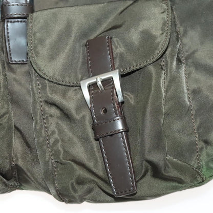 Prada Double Pocket Drawstring Backpack Nylon with Studded Detail, KHAKI, NYLON, Backpack