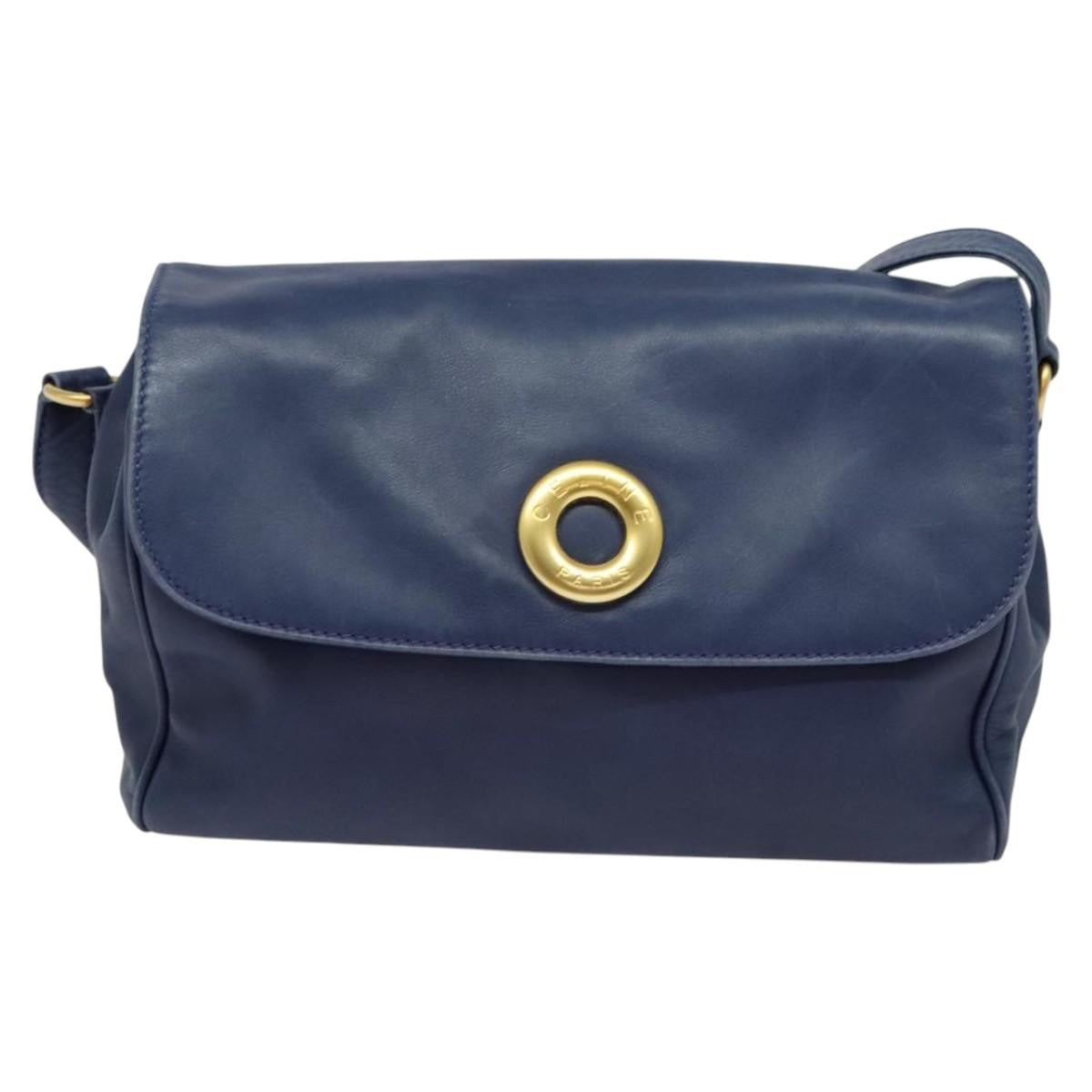 Celine Circle logo Leather, NAVY, LEATHER, Shoulder bag