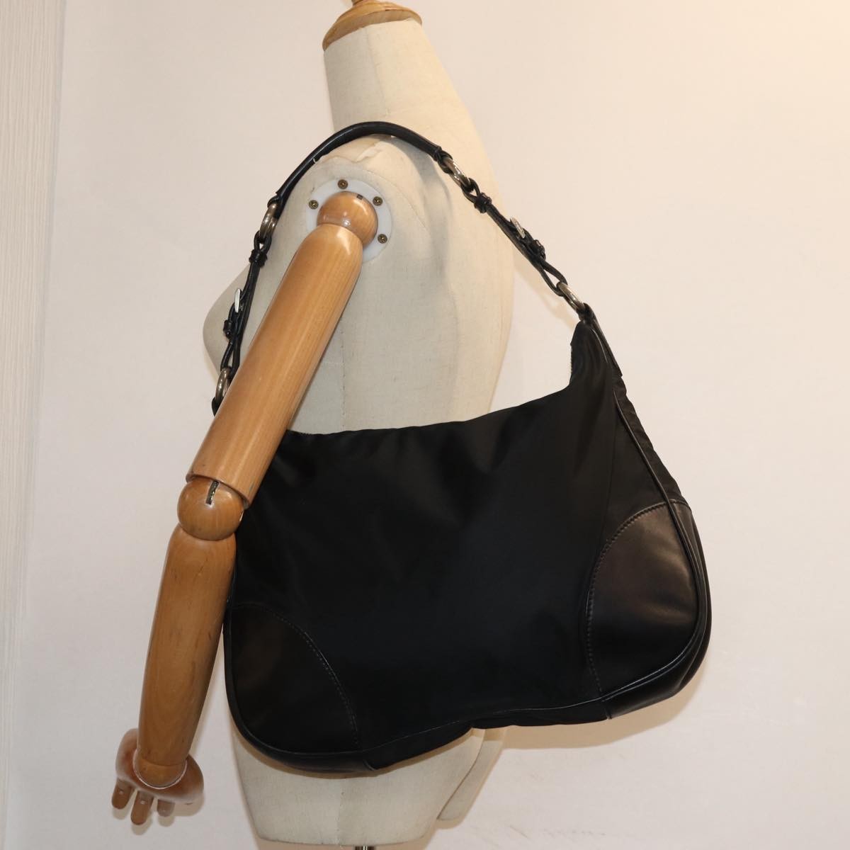 Prada Zip Hobo Tessuto with Leather, BLACK, NYLON, Shoulder bag