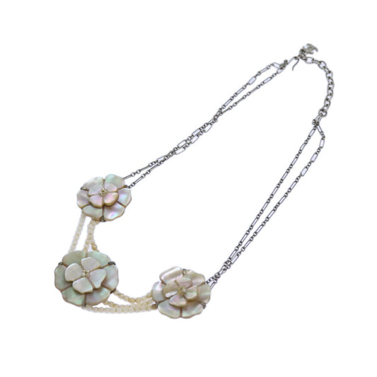 Chanel Camellia CC Long Necklace Metal with Faux Pearls, SILVER, METAL, Necklace