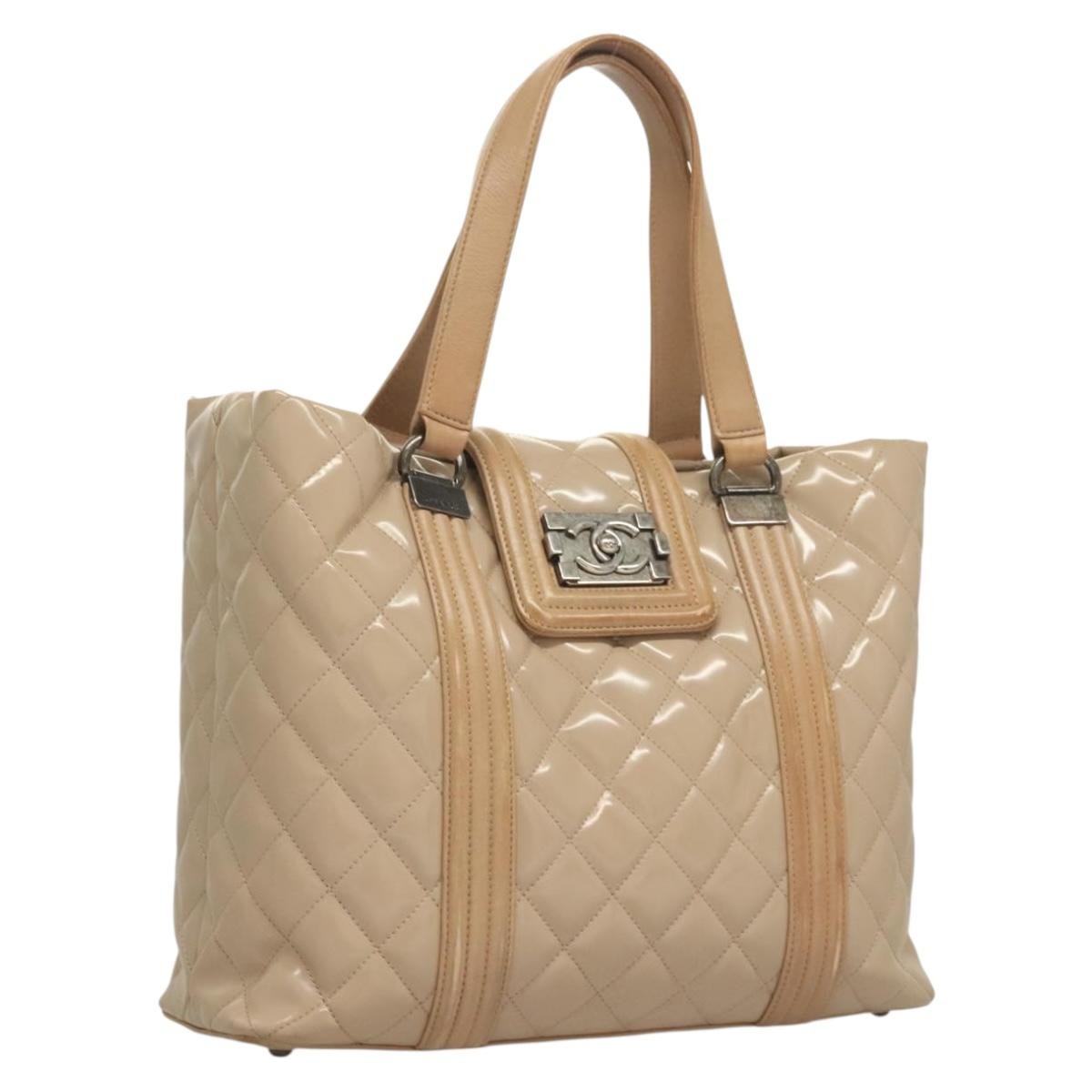 Chanel Quilted Boy Tote Quilted Aged Glazed Aged Calfskin, BEIGE, PATENT_LEATHER, Tote bag