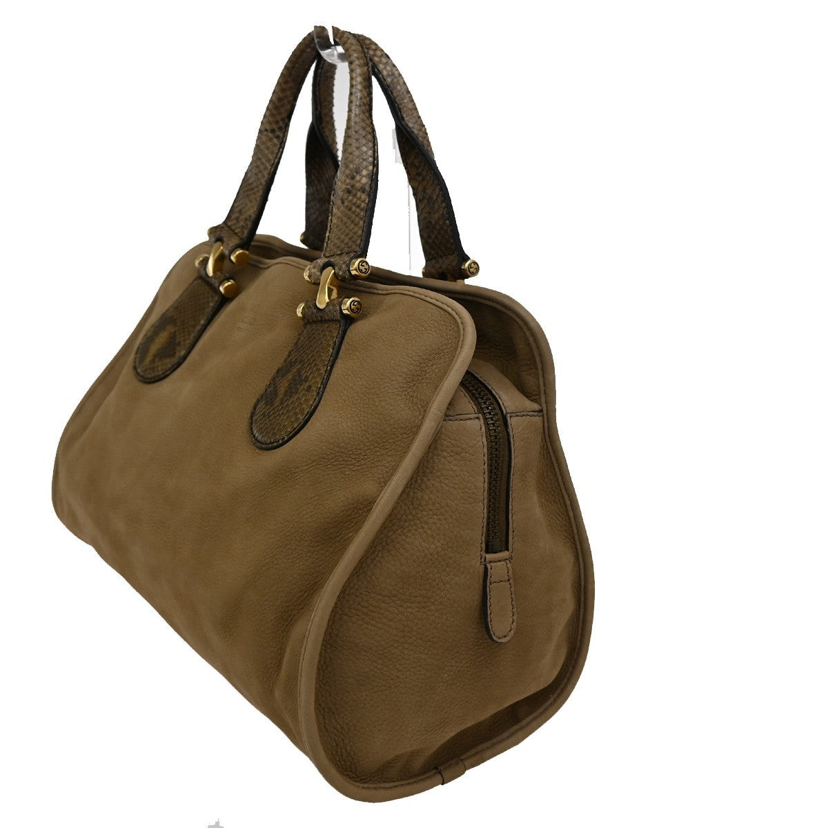 Gucci Twice Satchel Nubuck with Python, BROWN, SUEDE, Handbag