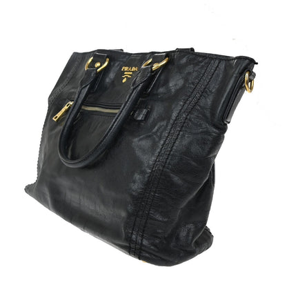 Prada Front Pocket Convertible Tote Leather, BLACK, LEATHER, Tote bag