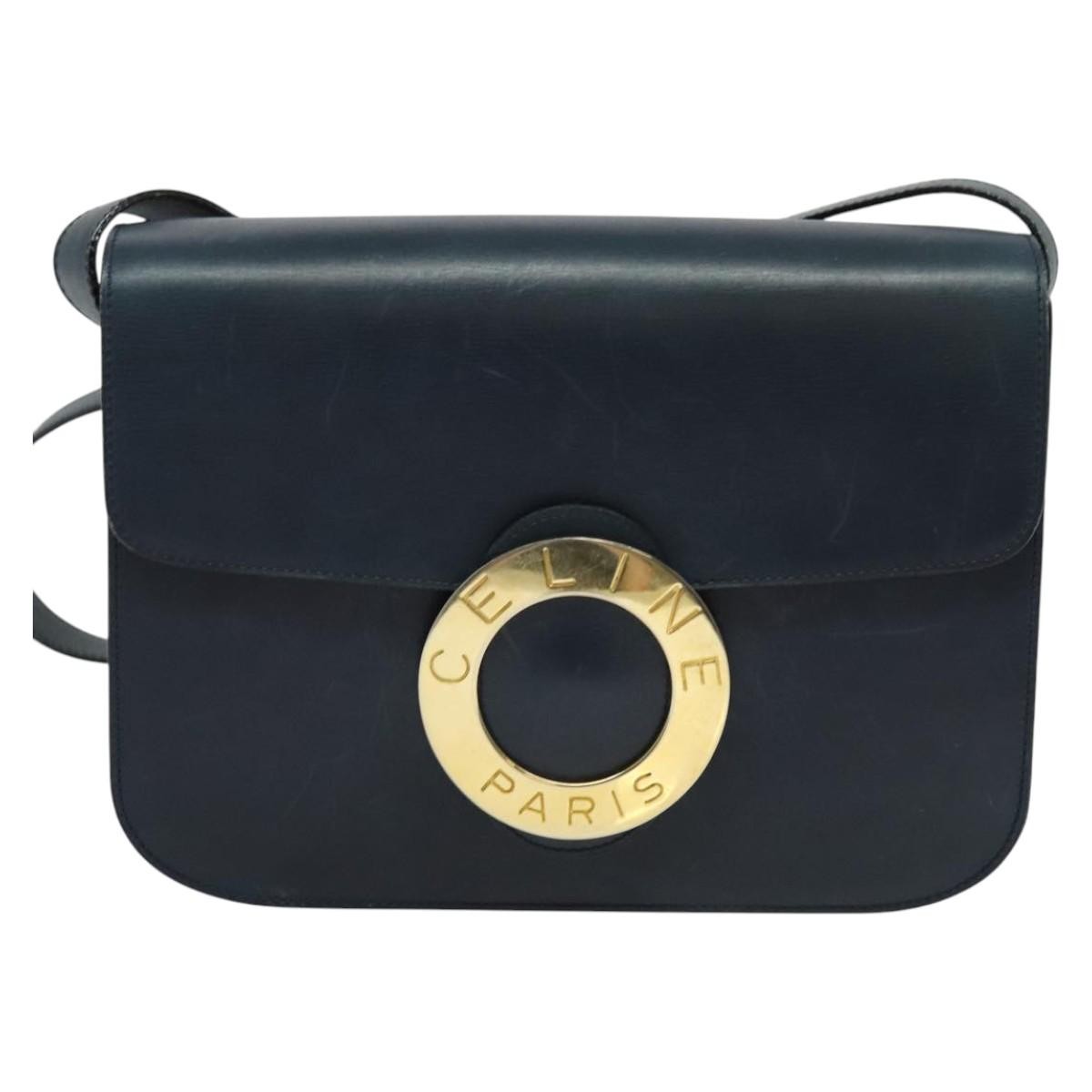 Celine Circle logo Leather, NAVY, LEATHER, Shoulder bag