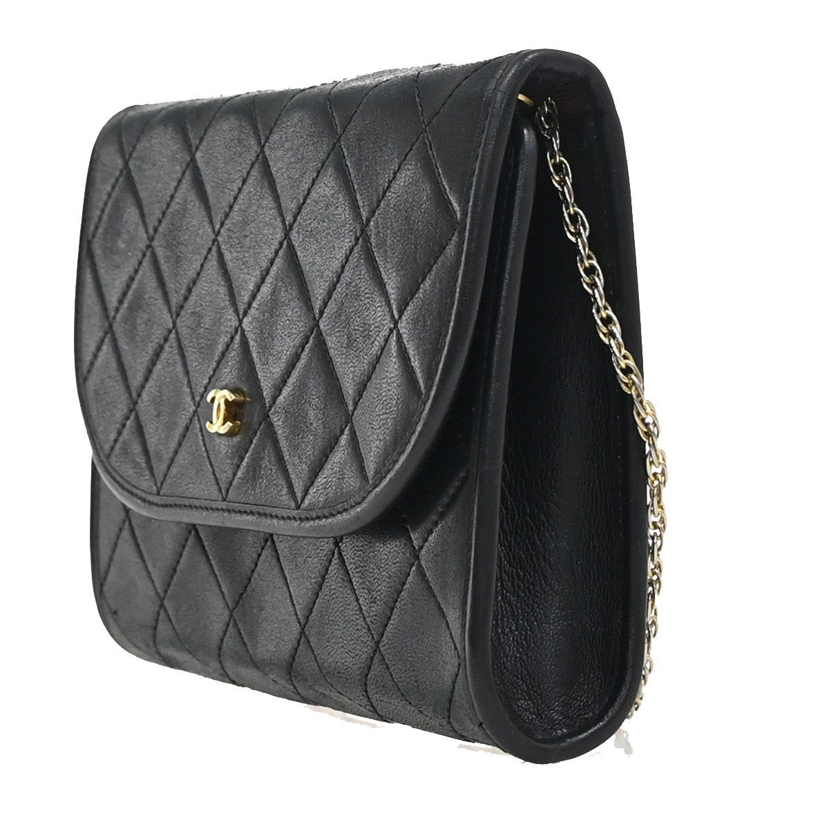Chanel Vintage Round Flap Bag Quilted Lambskin, BLACK, LEATHER, Shoulder bag