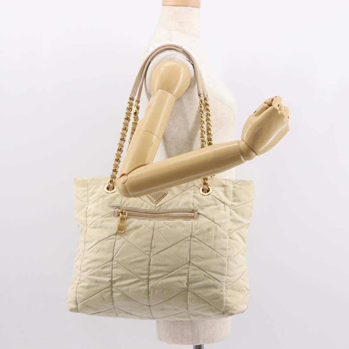 Prada Chain Front Zip Tote Quilted Tessuto, BEIGE, NYLON, Tote bag