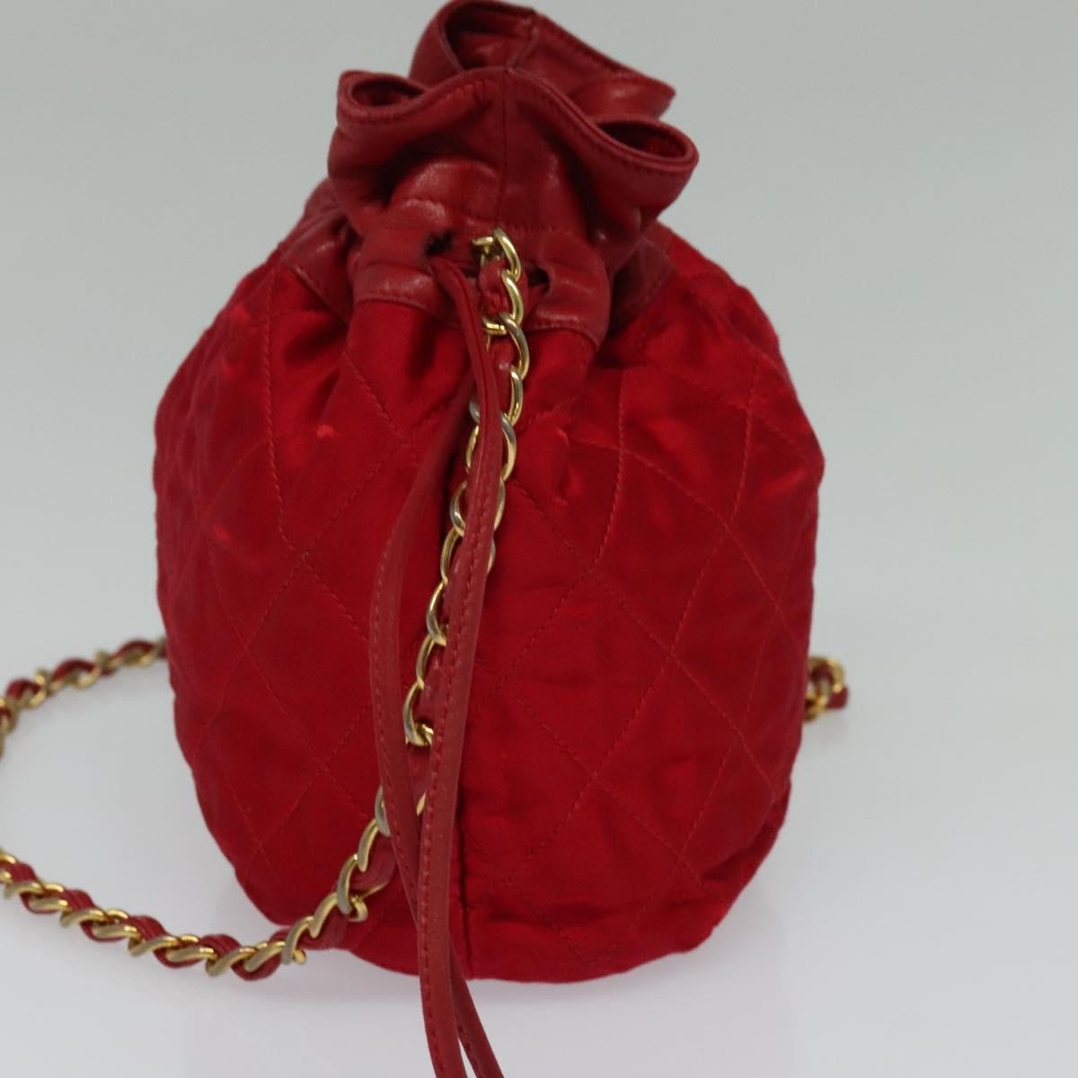 Chanel Vintage Drawstring Bucket Bag Quilted Satin, RED, SATIN, Shoulder bag