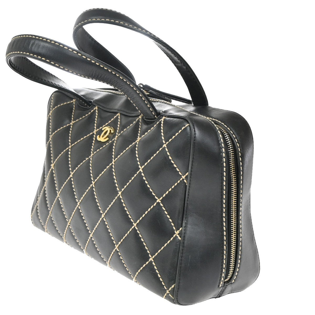 Chanel Surpique Boston Bag Quilted Leather, BLACK, LEATHER, Handbag