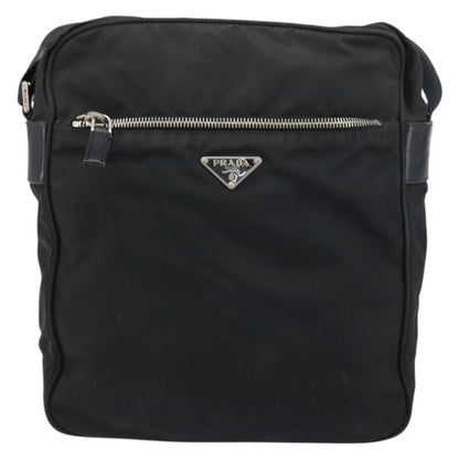 Prada Front Pocket Zip Messenger Bag Tessuto with Saffiano Leather, Black, Nylon, Shoulder Bag