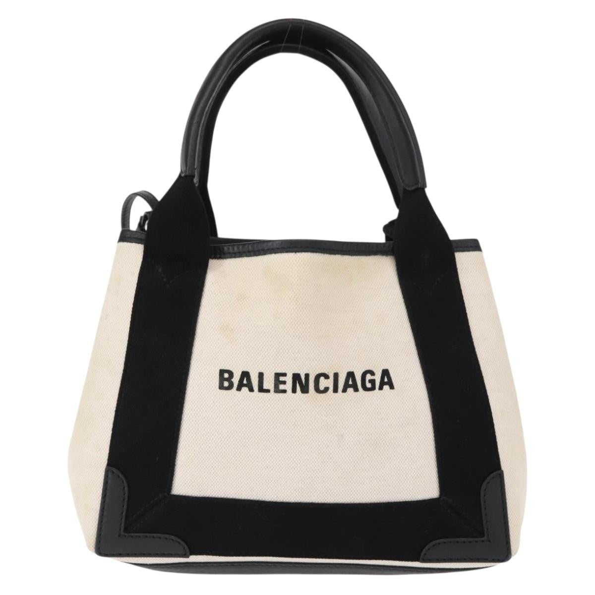 Balenciaga Navy Cabas Canvas with Leather, WHITE, CANVAS, Tote bag