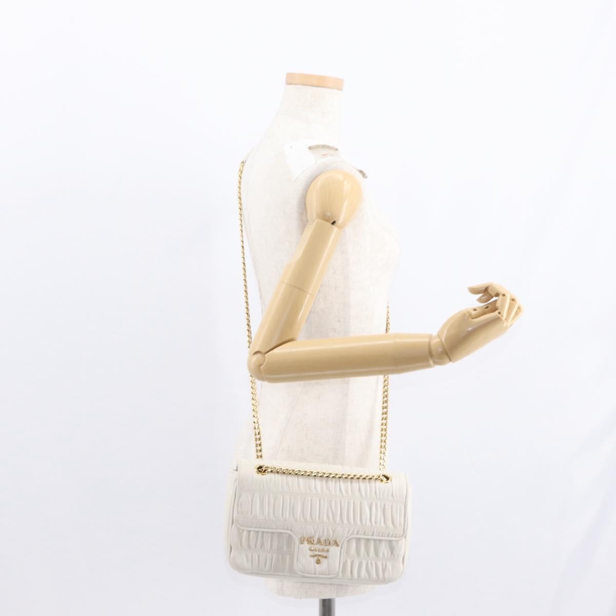 Prada Chain Flap Shoulder Bag Nappa Gaufre, WHITE, LEATHER, Shoulder bag