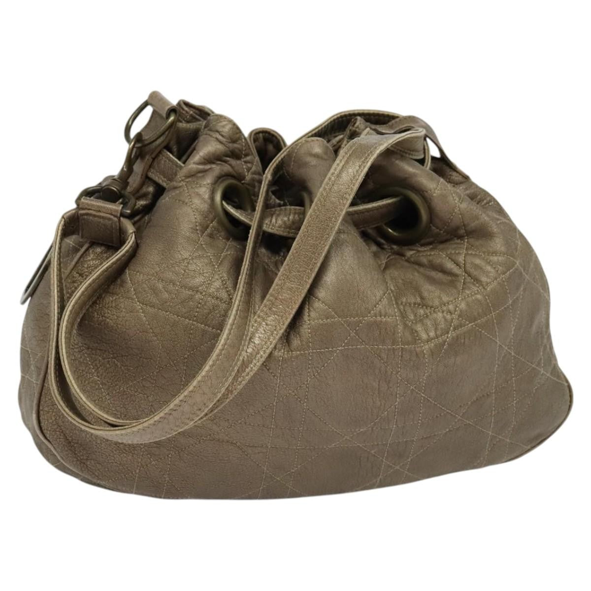 Christian Dior Drawstring Bucket Bag Cannage Quilt Leather, BROWN, LEATHER, Shoulder bag
