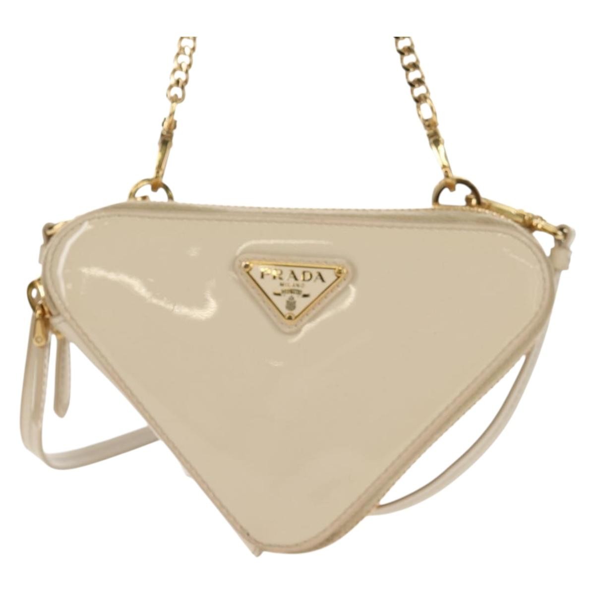 Prada Triangle Double Zip Pouch Bag with Chain Patent leather, BEIGE, PATENT_LEATHER, Clutche & pouche