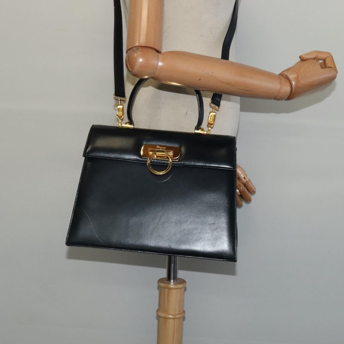 Salvatore Ferragamo Convertible Top Handle Bag Leather, NAVY, LEATHER, Handbag