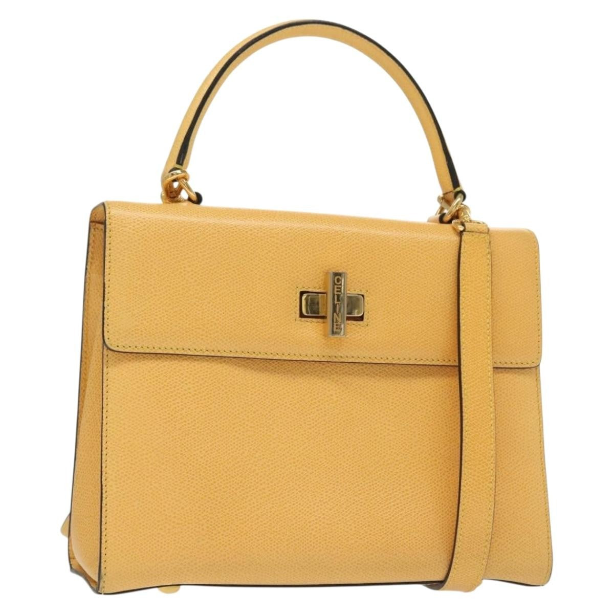 Celine Vintage Convertible Turnlock Top Handle Bag Leather, YELLOW, LEATHER, Handbag