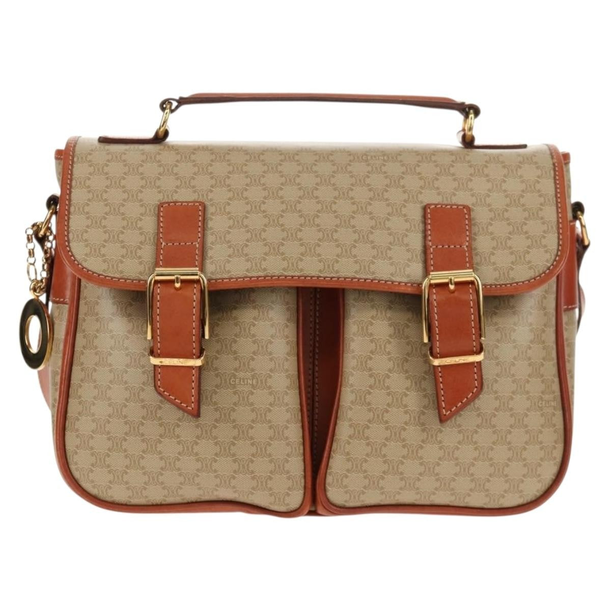 Celine Vintage Macadam Handbag Canvas and Leather, BEIGE, CANVAS, Handbag