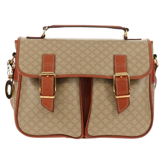 Celine Vintage Macadam Handbag Canvas and Leather, BEIGE, CANVAS, Handbag