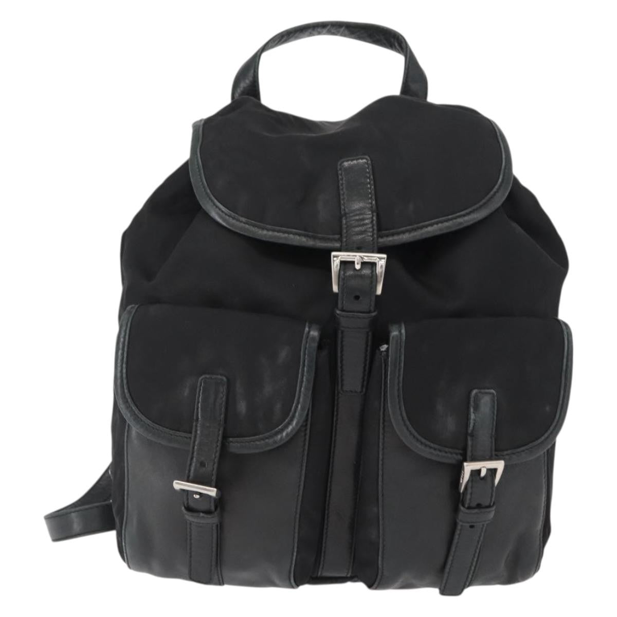 Prada Vela Double Front Pocket Backpack Tessuto with Saffiano Leather, BLACK, NYLON, Backpack