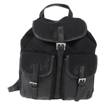 Prada Vela Double Front Pocket Backpack Tessuto with Saffiano Leather, BLACK, NYLON, Backpack