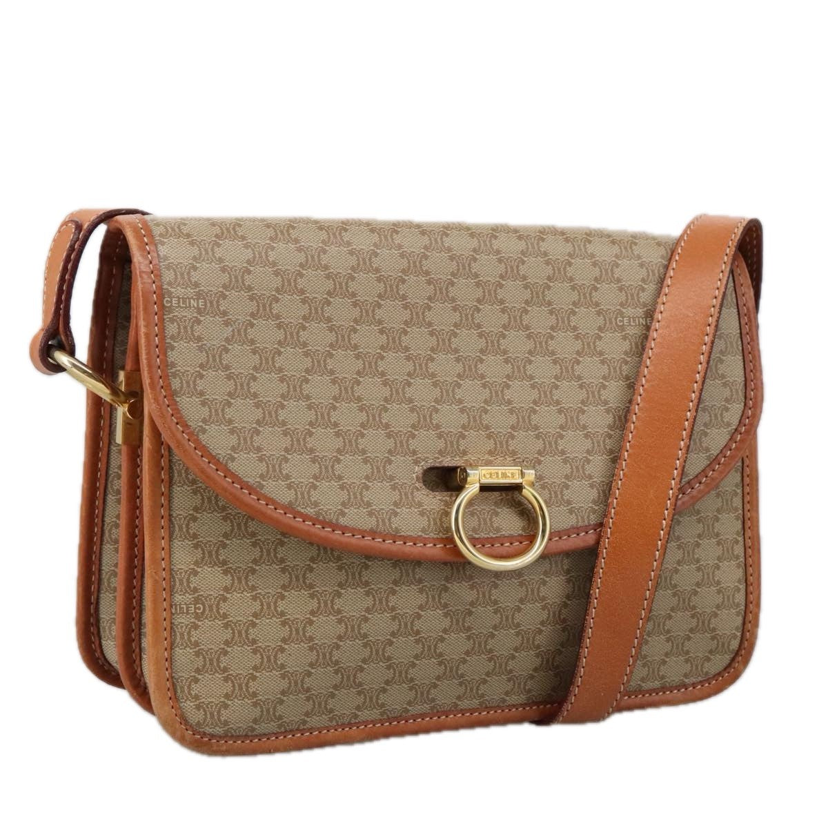 Celine Vintage Macadam Shoulder Bag Canvas and Leather, Beige, Canvas, Shoulder Bag