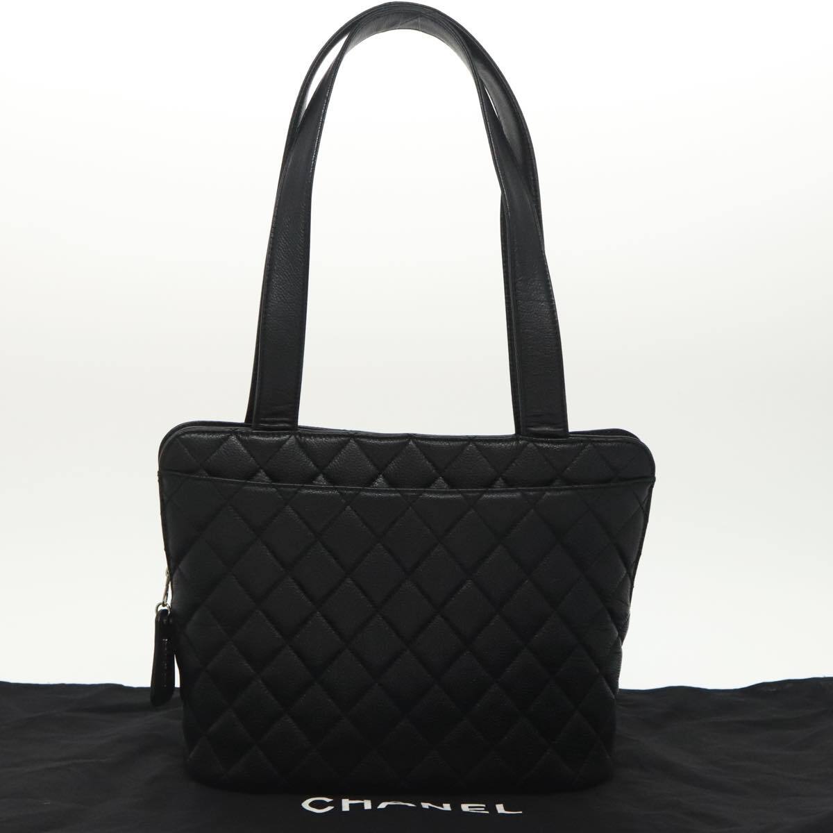 Chanel Vintage CC Zip Around Shoulder Bag Quilted Caviar, BLACK, LEATHER, Tote bag