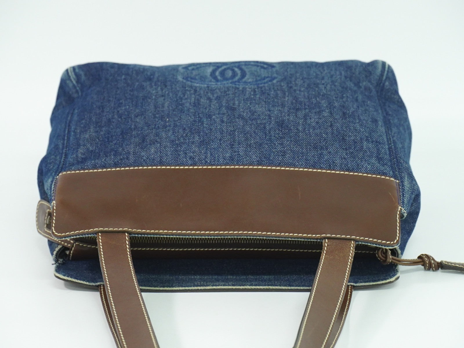 Chanel Vintage CC Tote Denim with Leather, NAVY, DENIM_JEANS, Tote bag